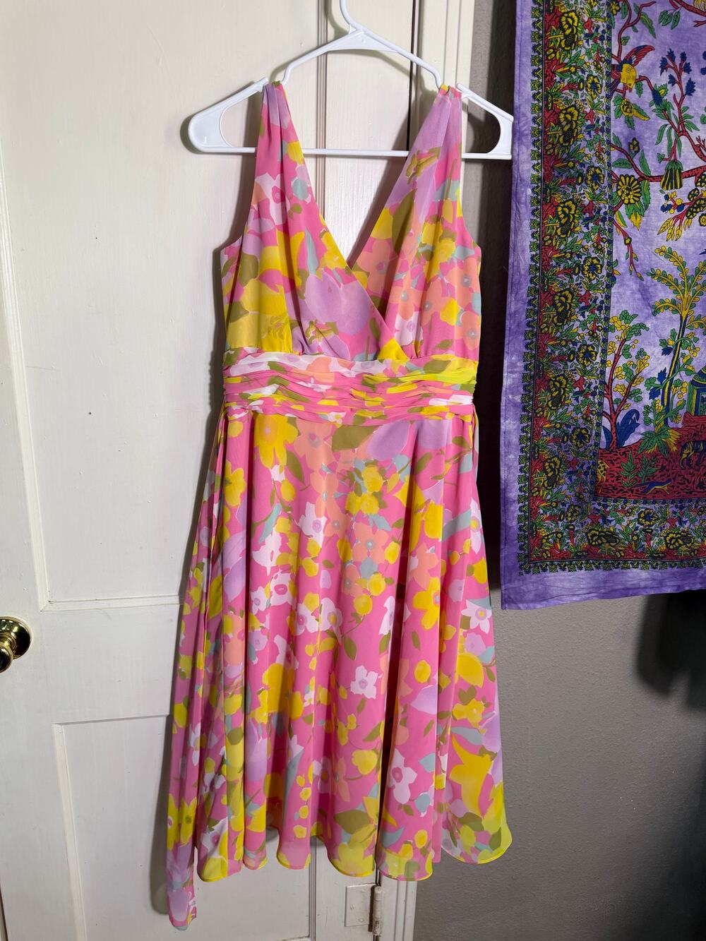 London Times Pink Floral Midi Dress V Neck Tie Waist Spring Wedding - Womens 10